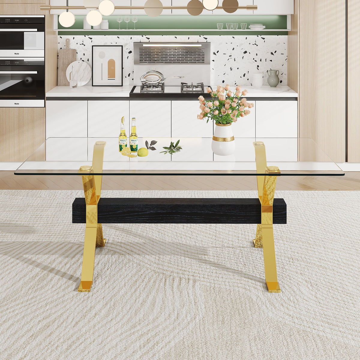Modern Glass Dining Table with Gold X-Base for Large Rooms