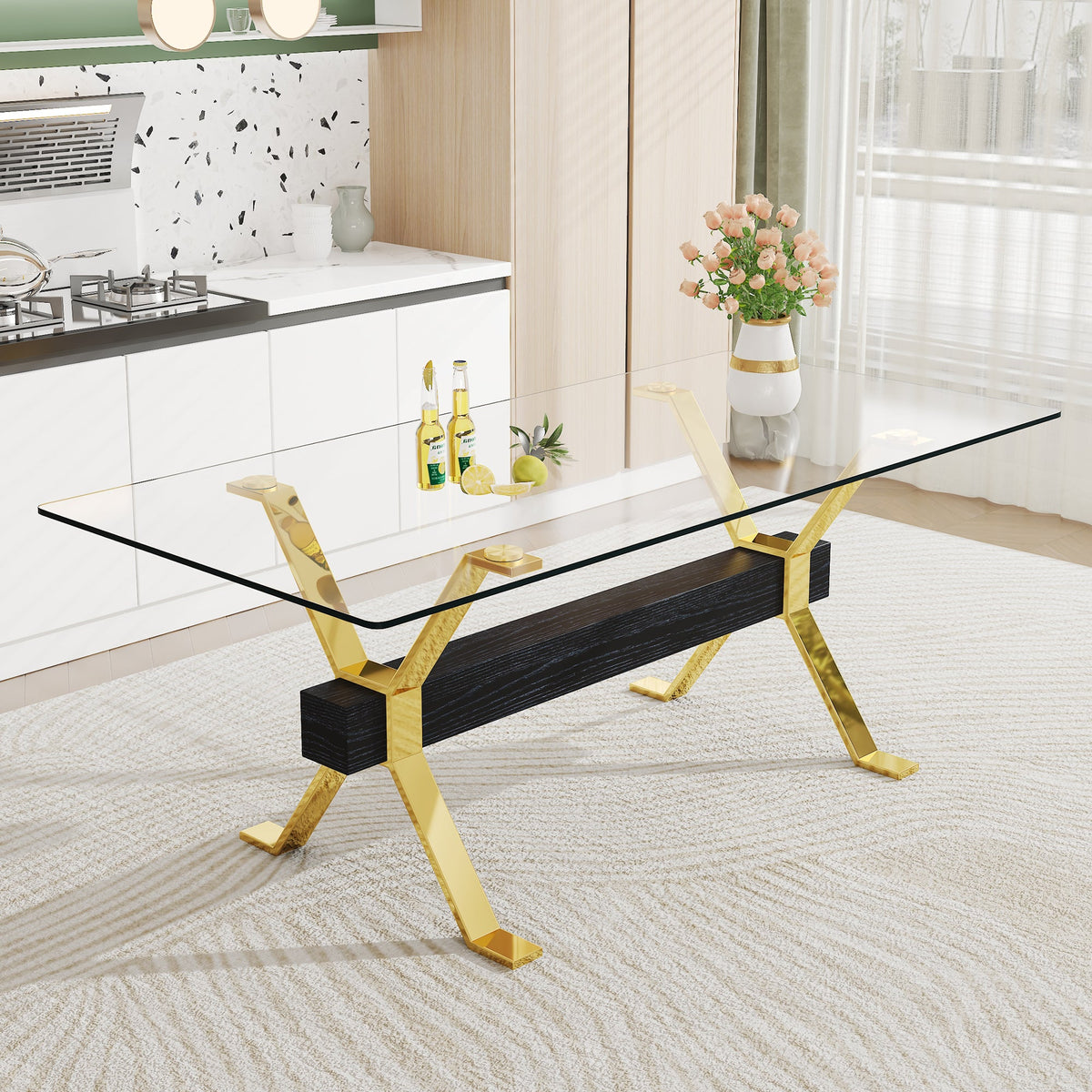 Modern Glass Dining Table with Gold X-Base for Large Rooms