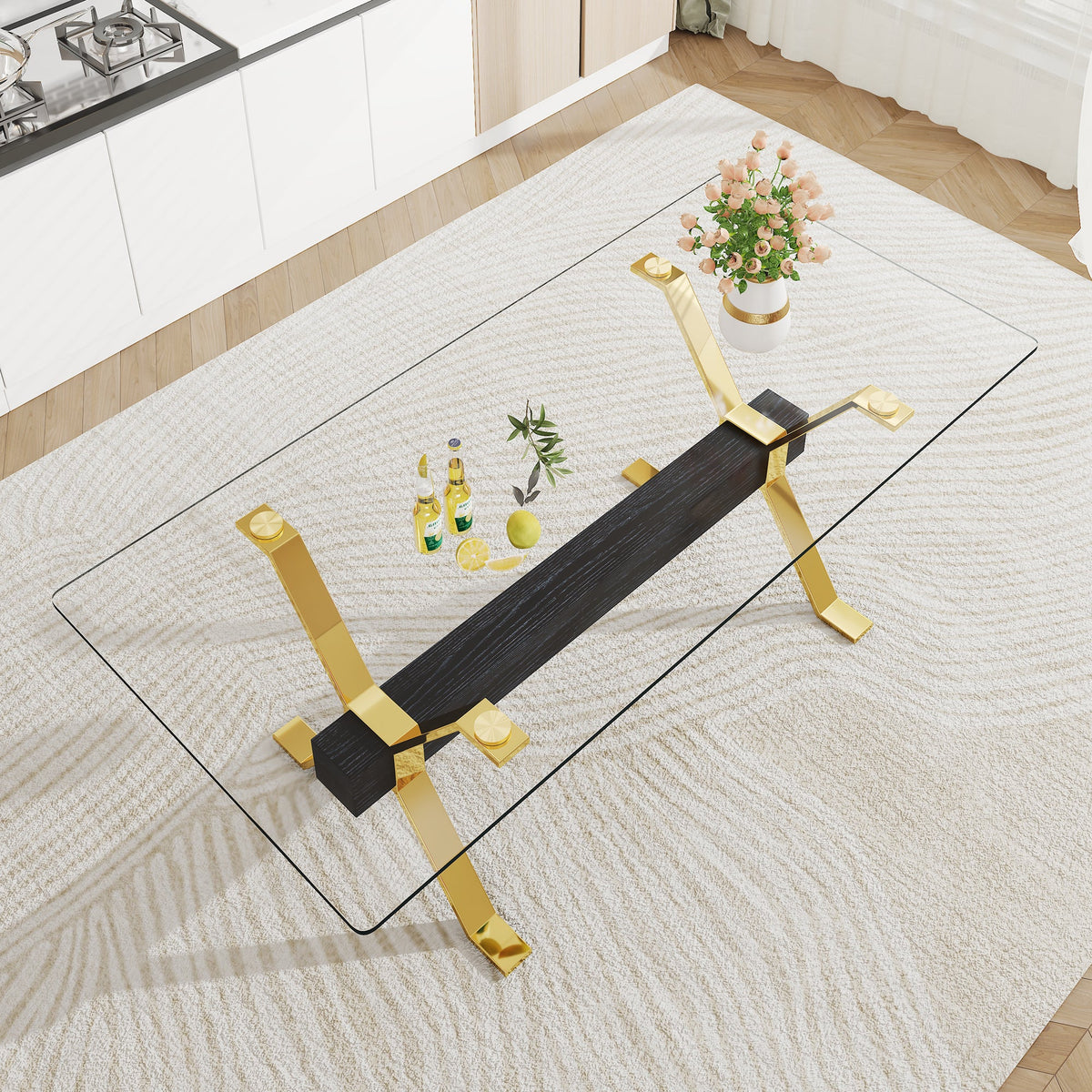 Modern Glass Dining Table with Gold X-Base for Large Rooms