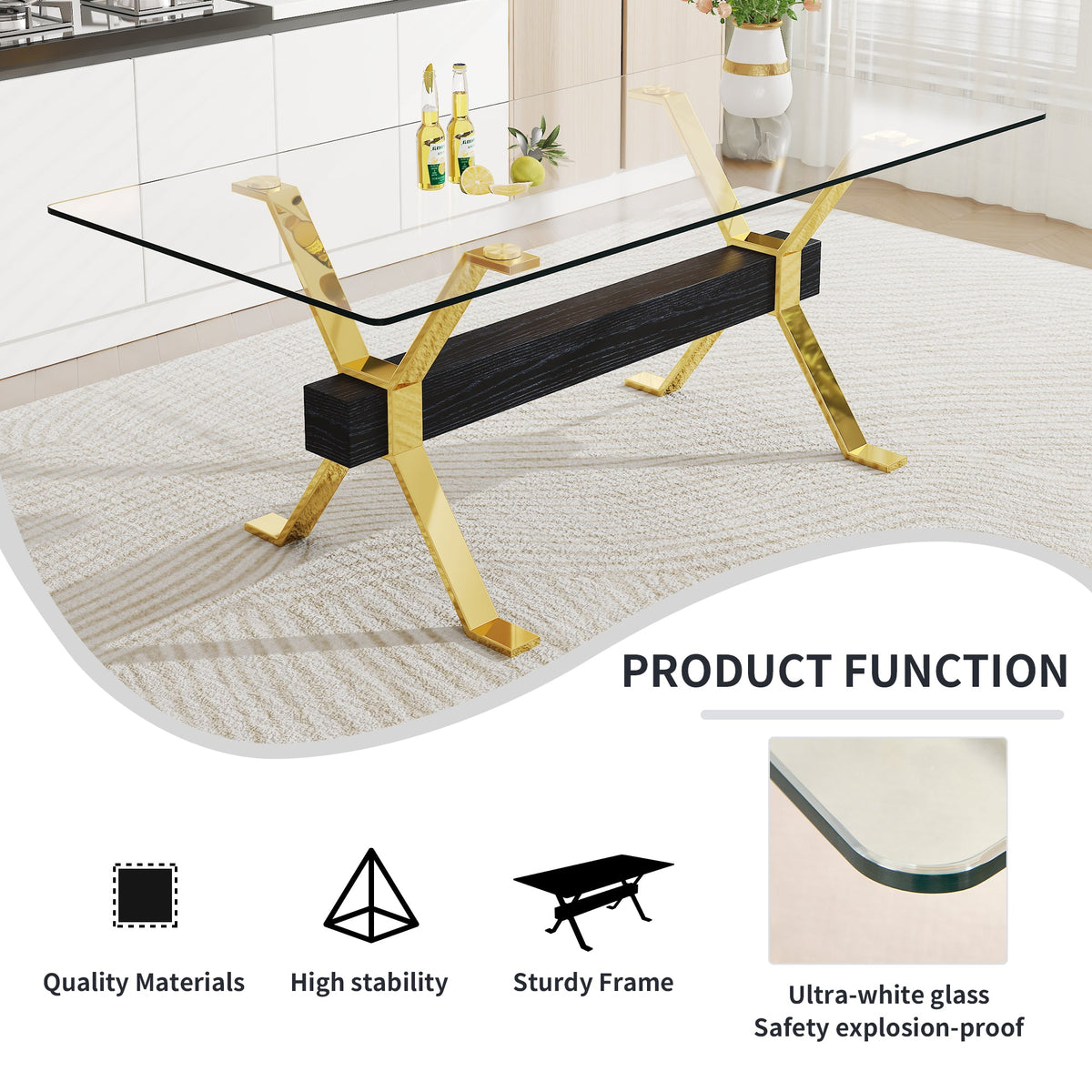 Modern Glass Dining Table with Gold X-Base for Large Rooms