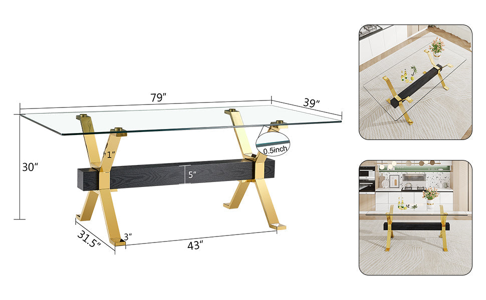 Modern Glass Dining Table with Gold X-Base for Large Rooms
