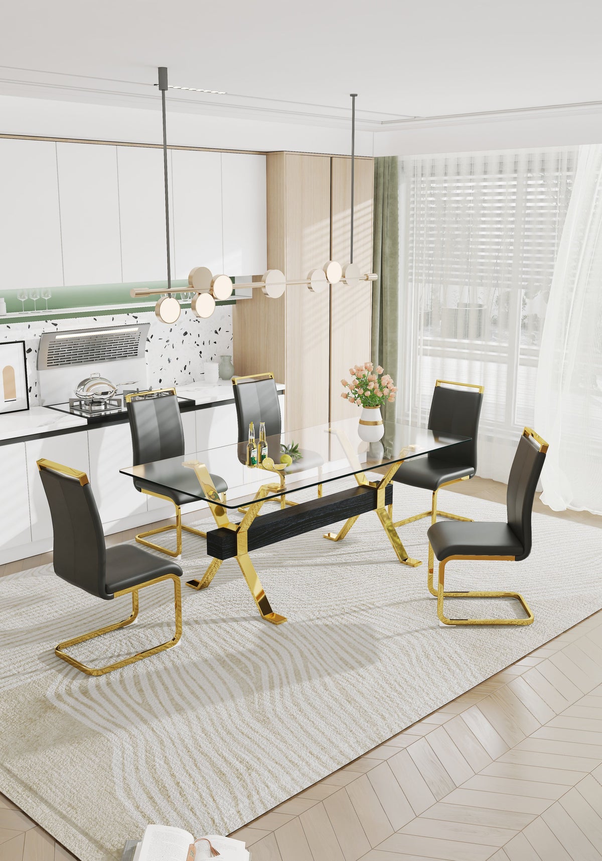 Modern Glass Dining Table with Gold X-Base for Large Rooms