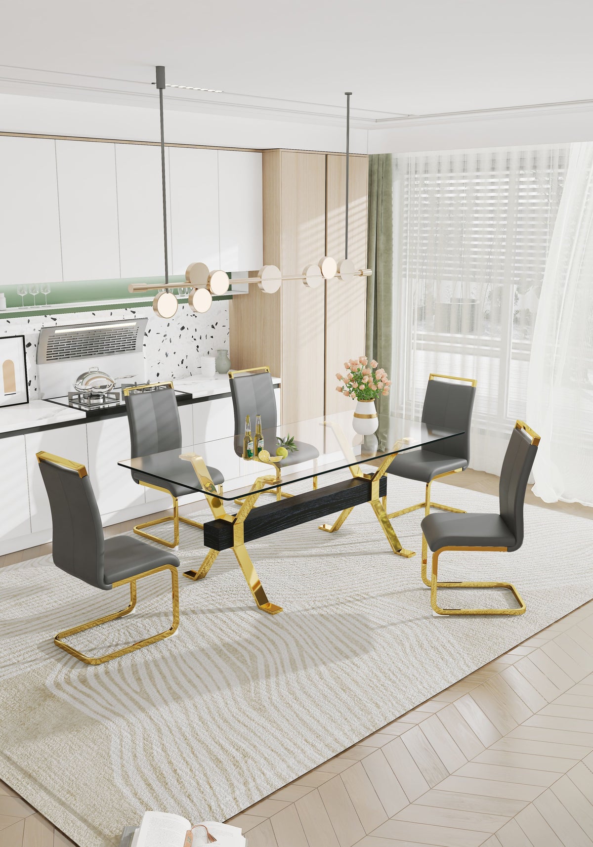 Modern Glass Dining Table with Gold X-Base for Large Rooms