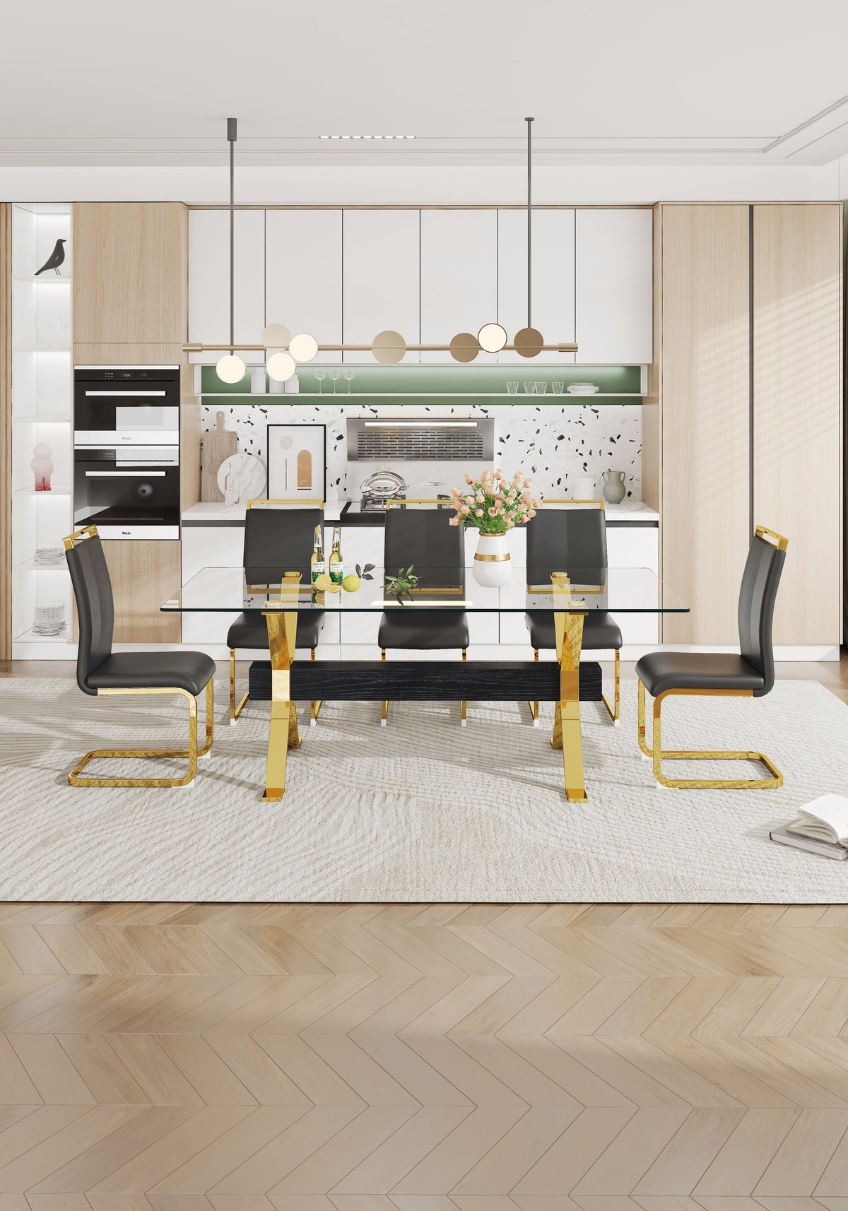 Modern Glass Dining Table with Gold X-Base for Large Rooms
