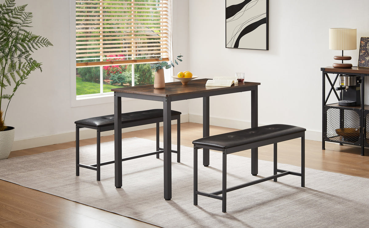 Industrial Dining Table Set with Tuck-Under Benches