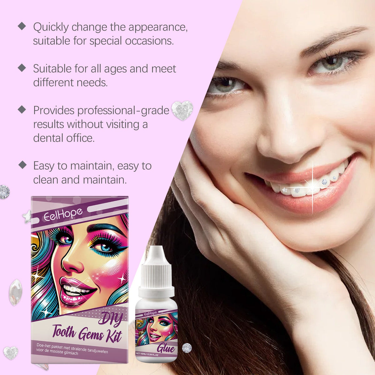 DIY Tooth Gems Kit: 120 Gems, Glue and UV Lamp Included