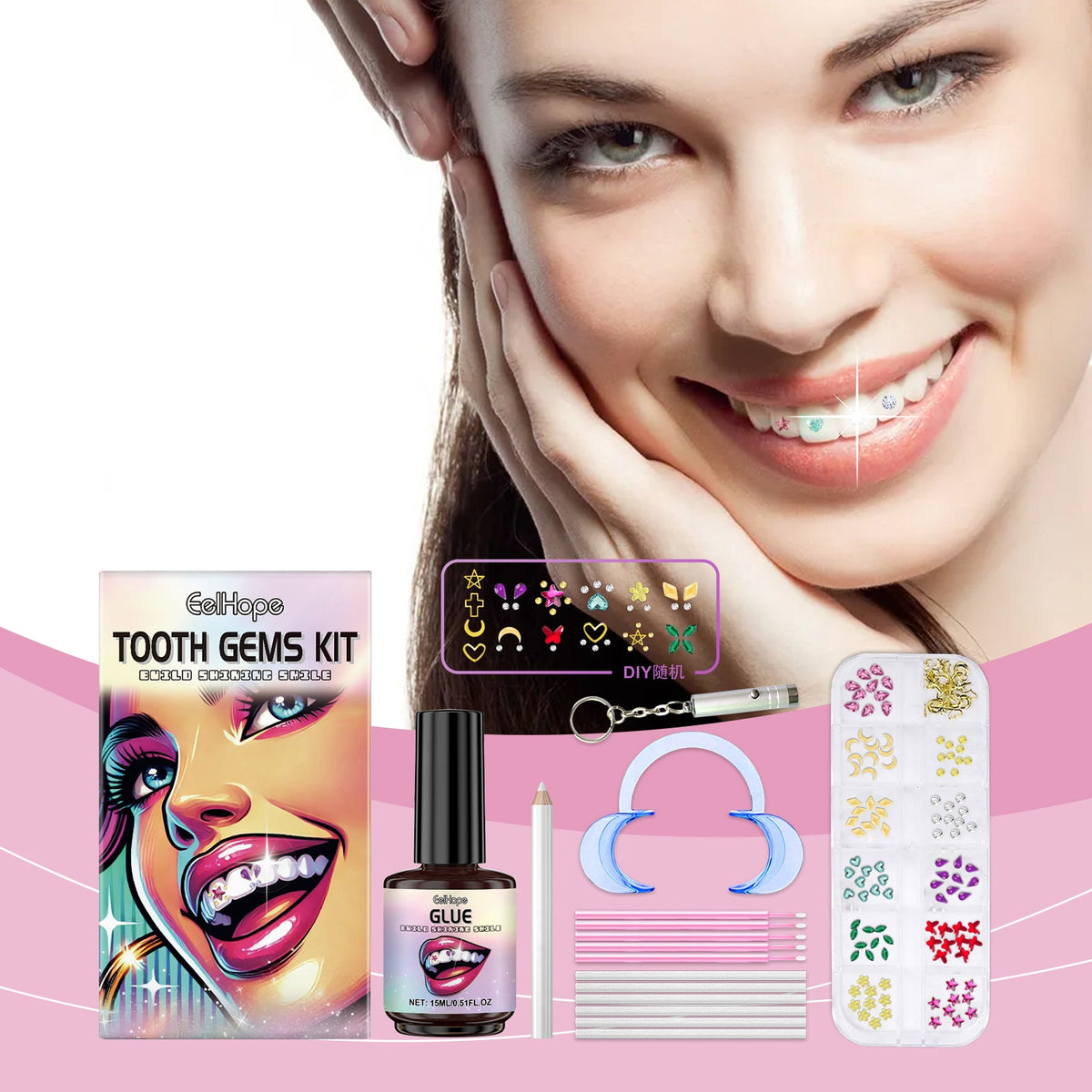 DIY Tooth Gem Kit at Home: 120 Gems, Glue & UV Lamp