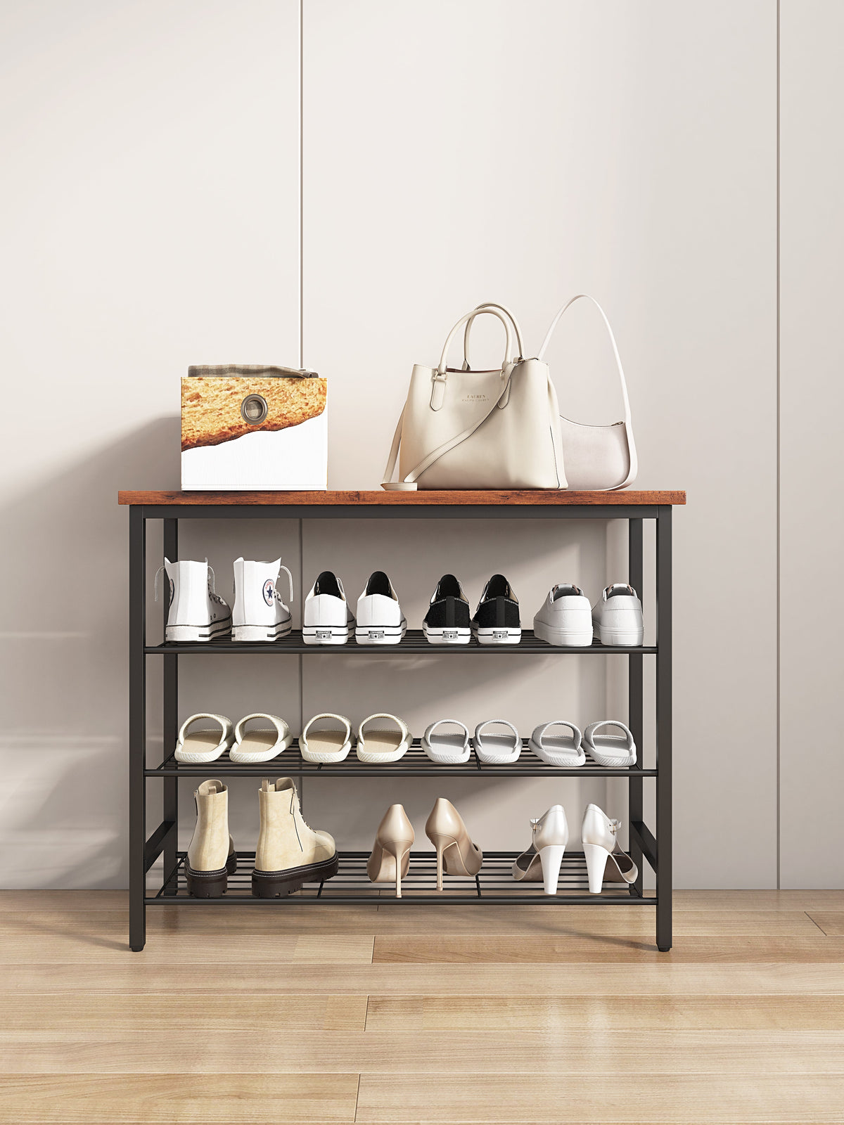 4-Tier Metal Shoe Rack with Wood Top for Entryway Storage