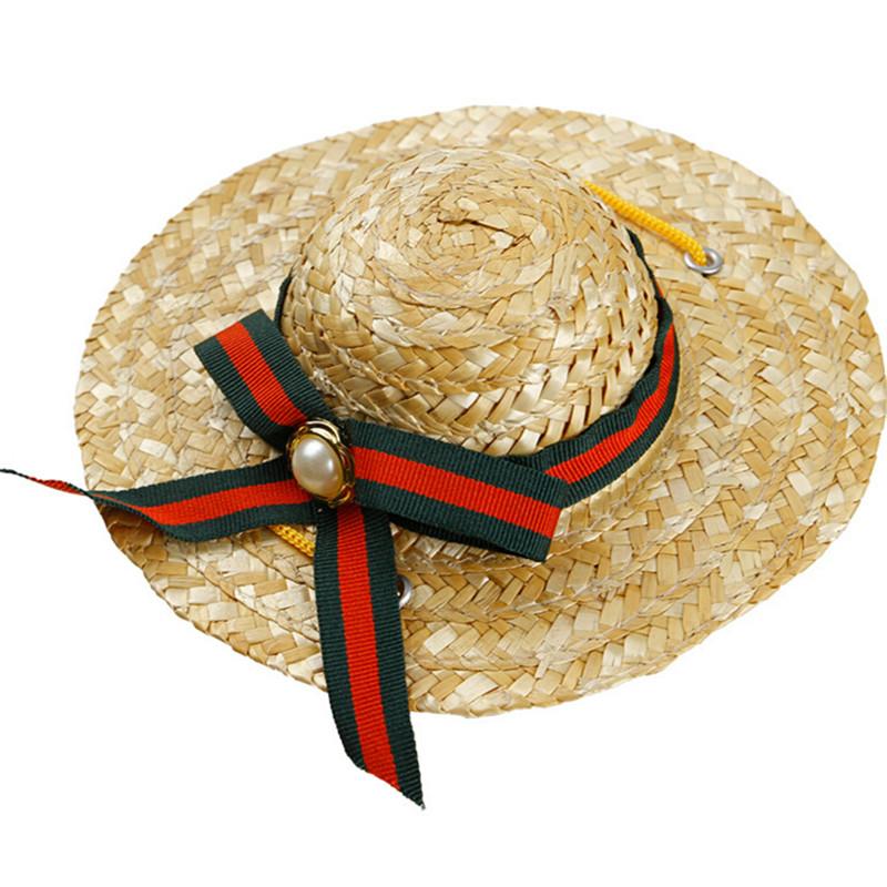 Dog Straw Sun Hat with Striped Bow for Summer Walks