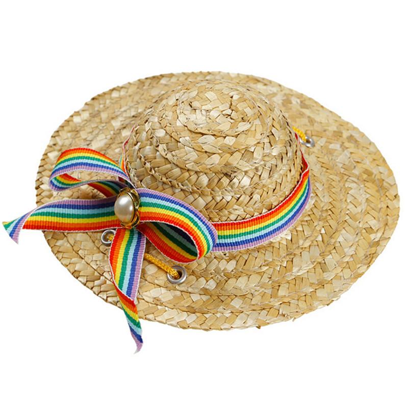 Dog Straw Sun Hat with Striped Bow for Summer Walks