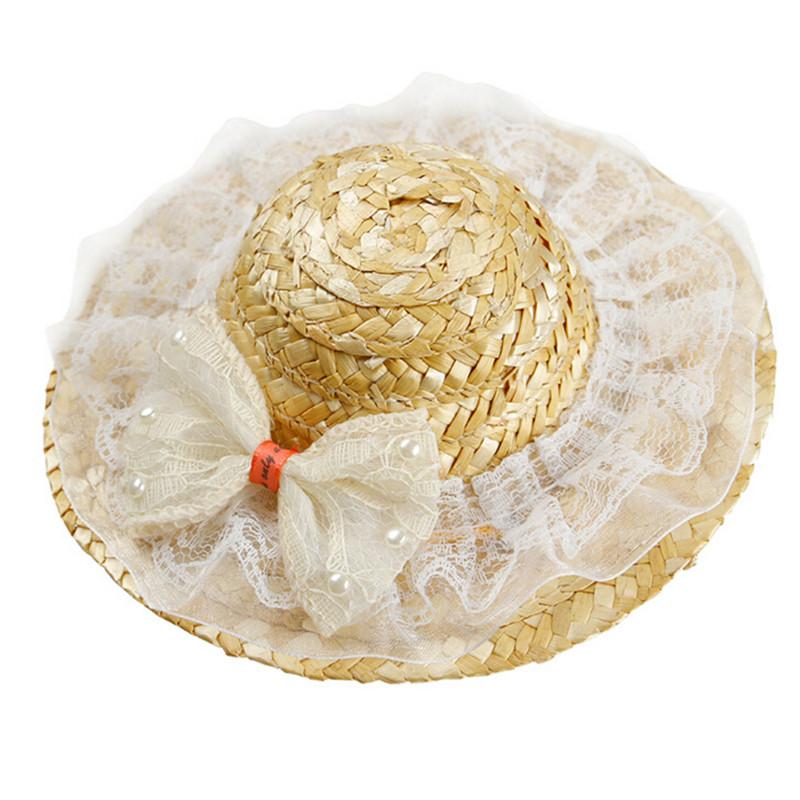 Dog Straw Sun Hat with Striped Bow for Summer Walks