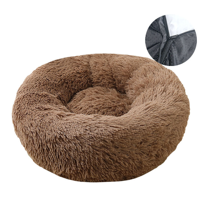 Round Plush Pet Bed with Removable Washable Cover