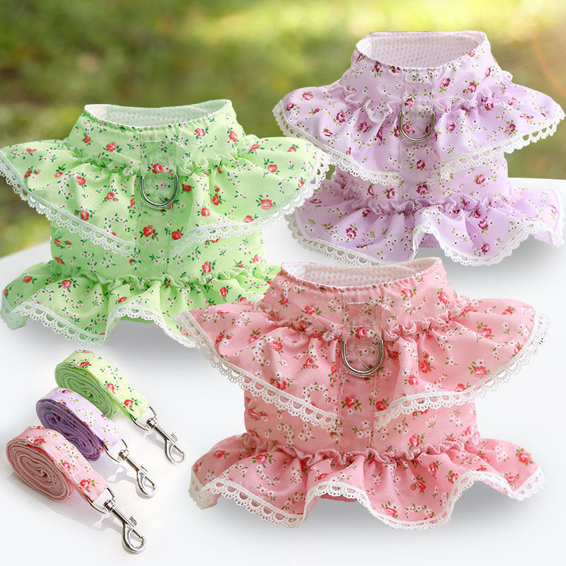 Floral Pet Harness Dress With Matching Leash Set for Walks