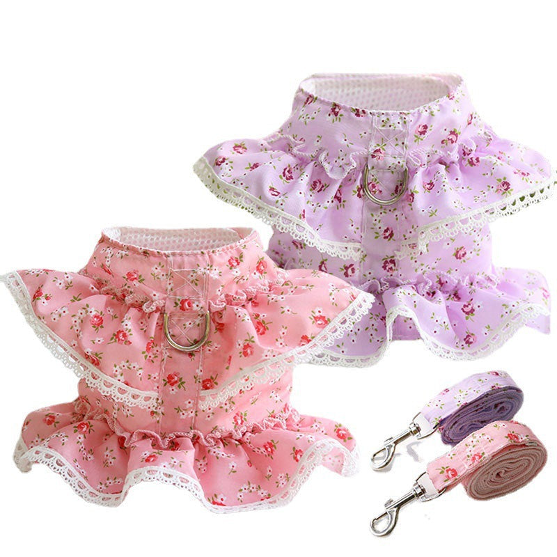Floral Pet Harness Dress With Matching Leash Set for Walks