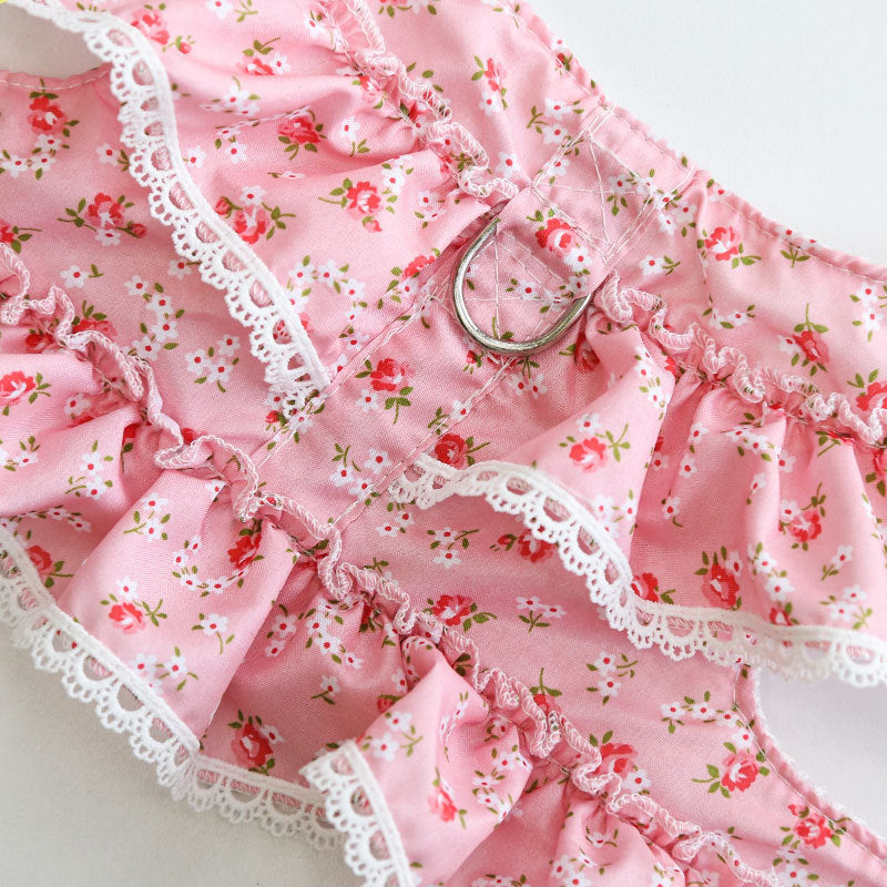 Floral Pet Harness Dress With Matching Leash Set for Walks