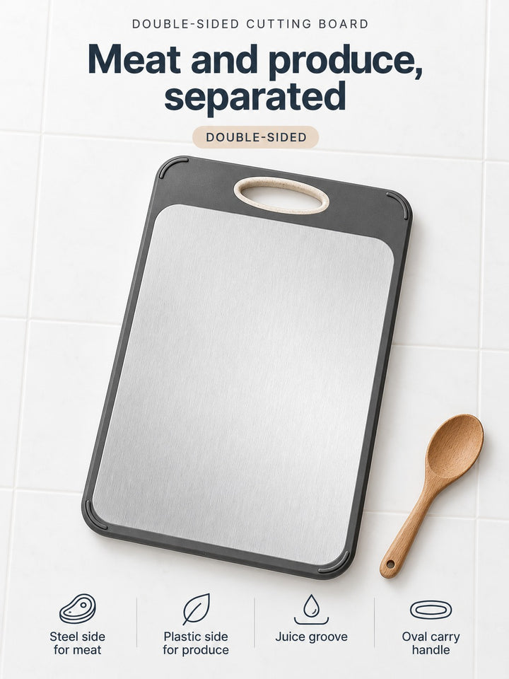 Double-Sided Cutting Board: Steel Meat, Plastic Produce