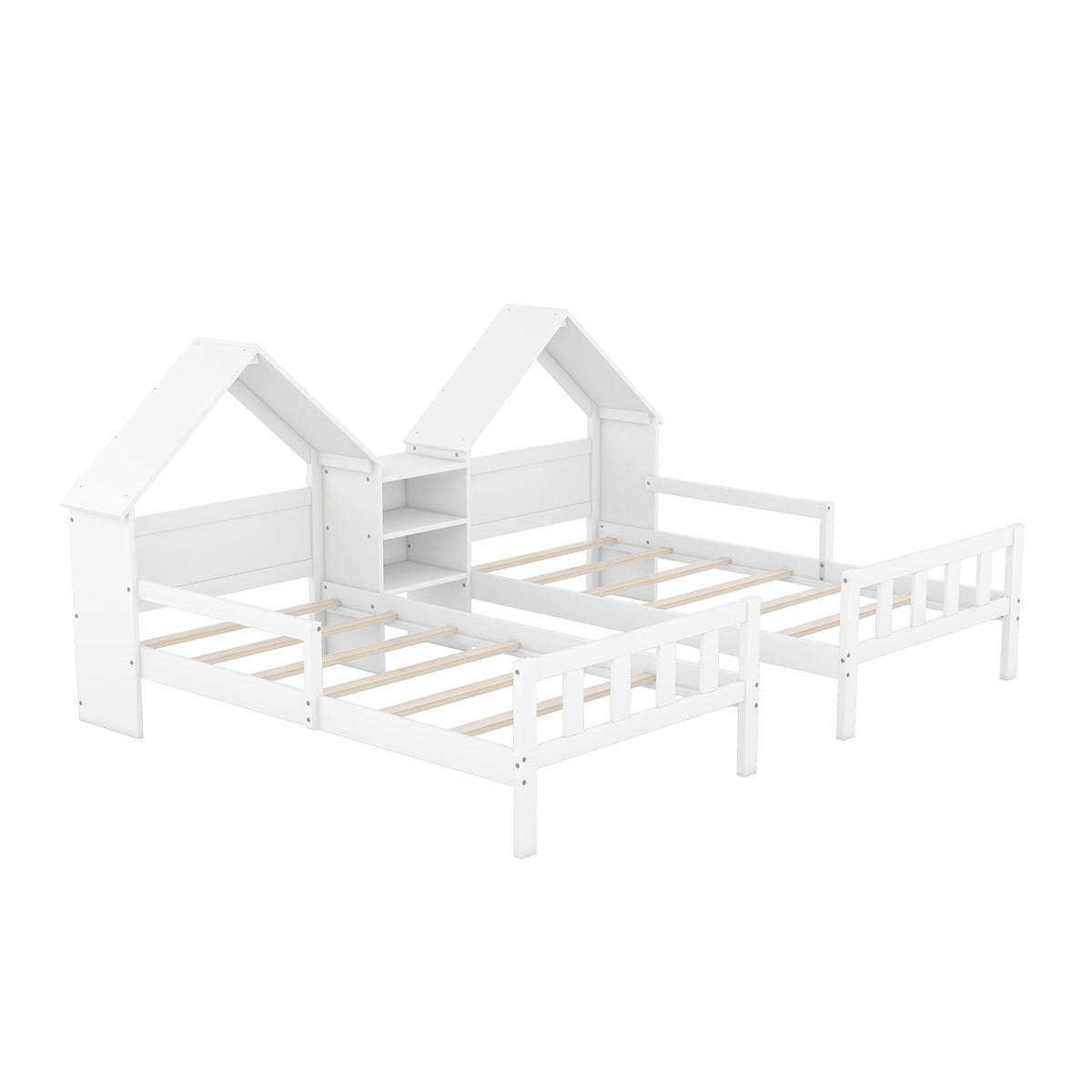 Kids Double Twin Bed Set with Built-in Nightstand, White