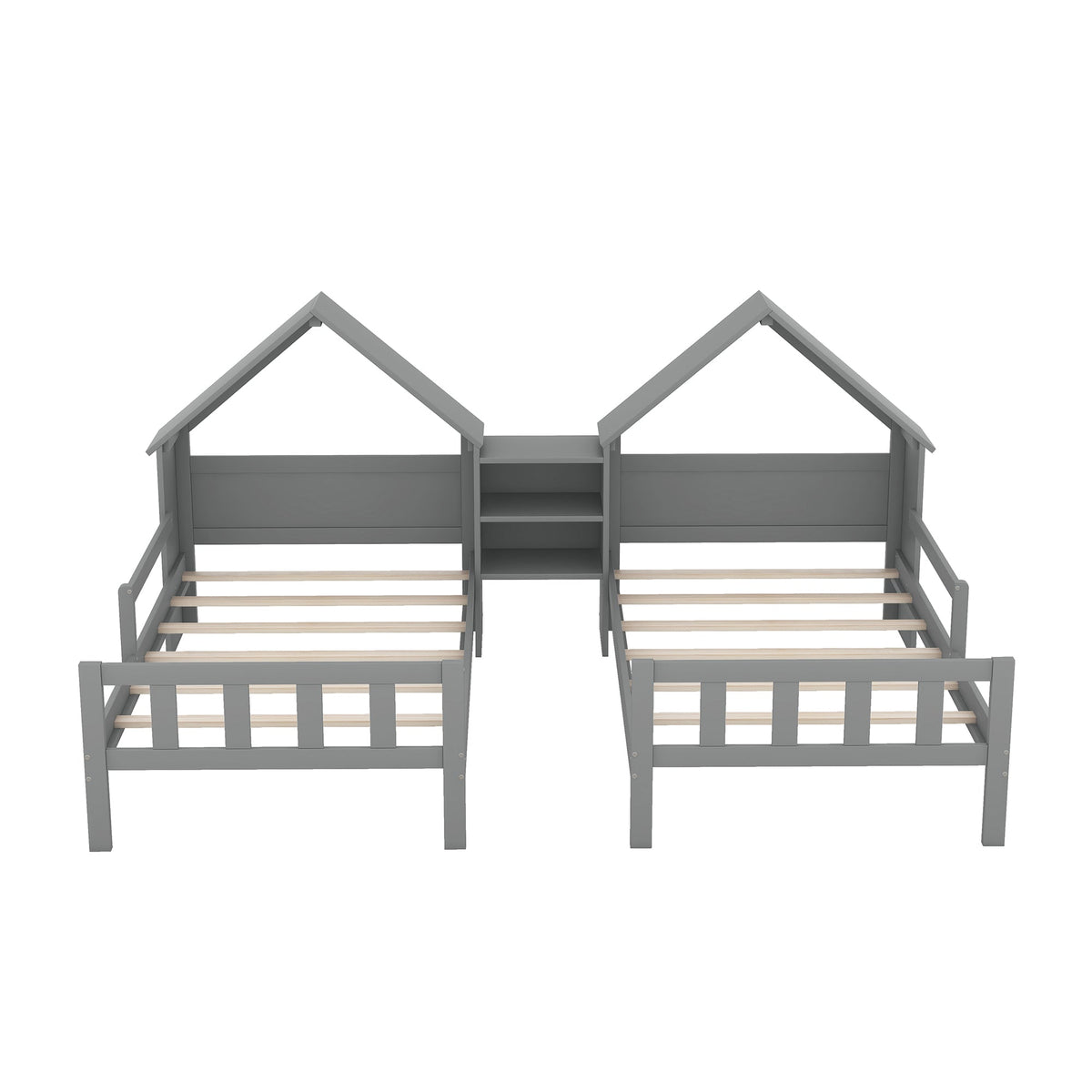 Double Twin Kids Bed with House Headboards and Shelf