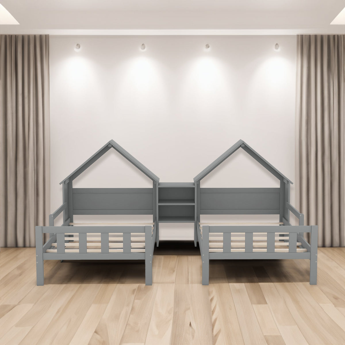 Double Twin Kids Bed with House Headboards and Shelf