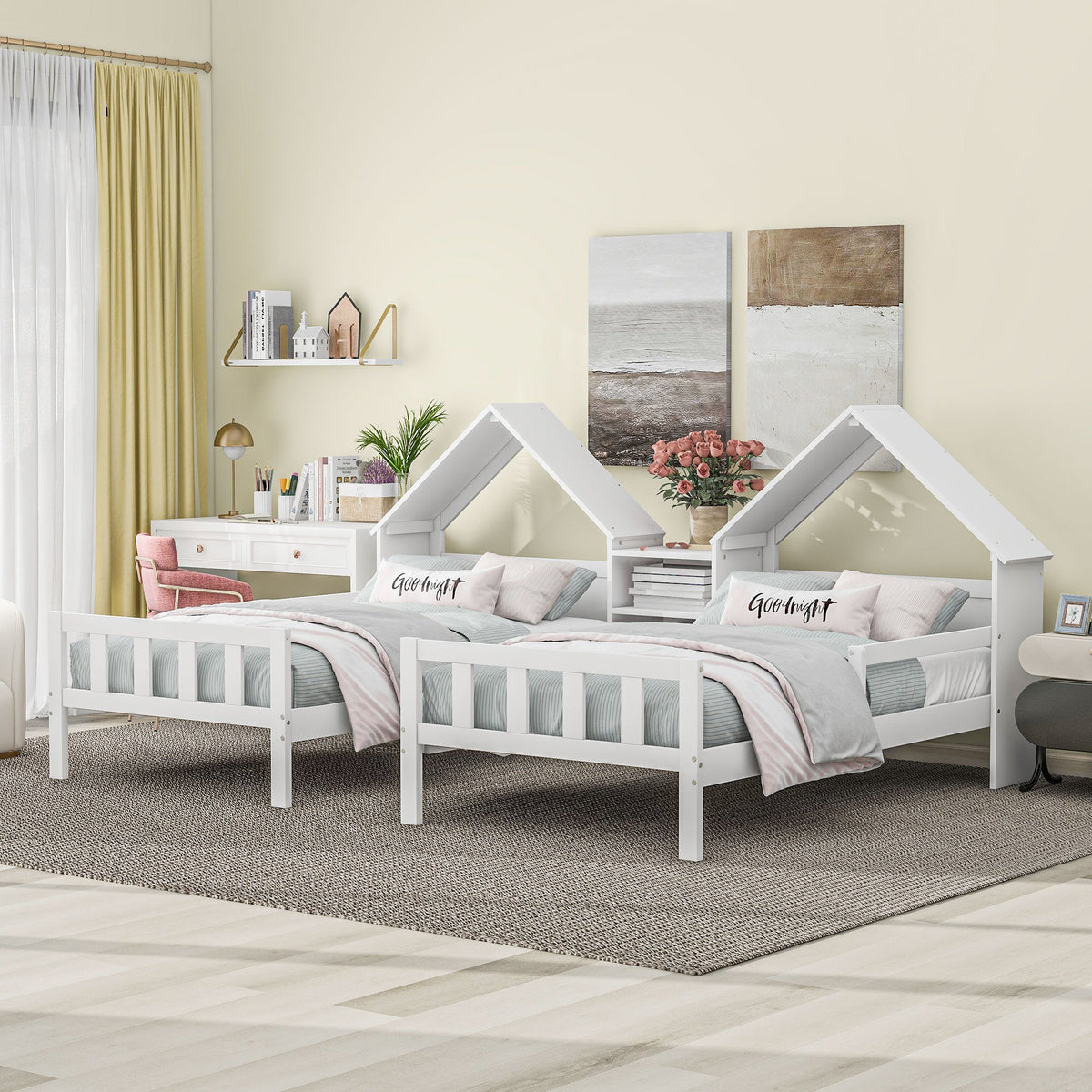 Kids Double Twin Bed Set with Built-in Nightstand, White