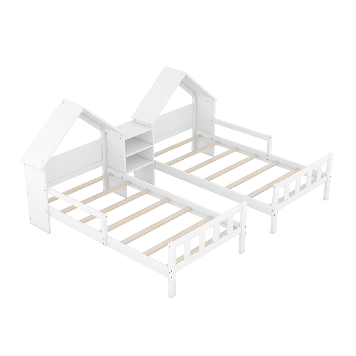 Kids Double Twin Bed Set with Built-in Nightstand, White