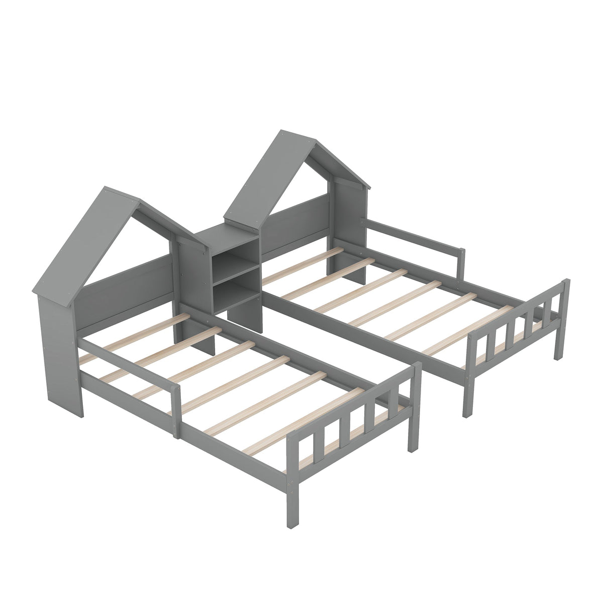 Double Twin Kids Bed with House Headboards and Shelf