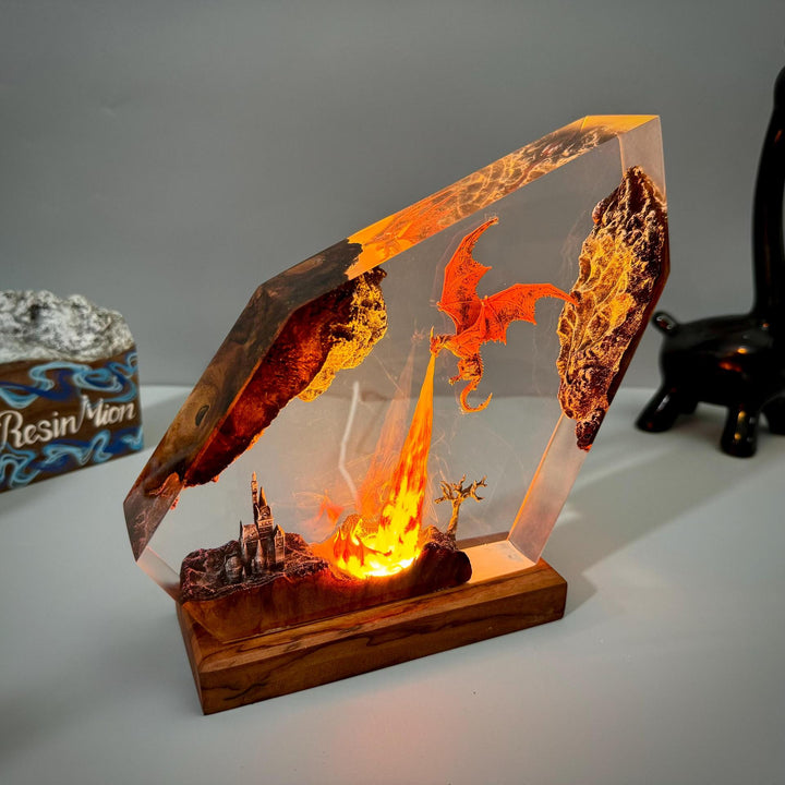 Dragon Night Light Resin Lamp, Glowing Castle Scene