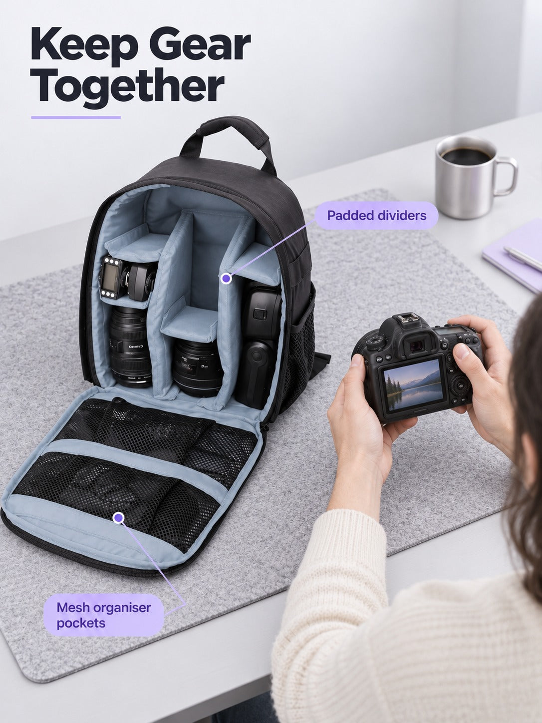 Waterproof DSLR Camera Backpack with Padded Dividers