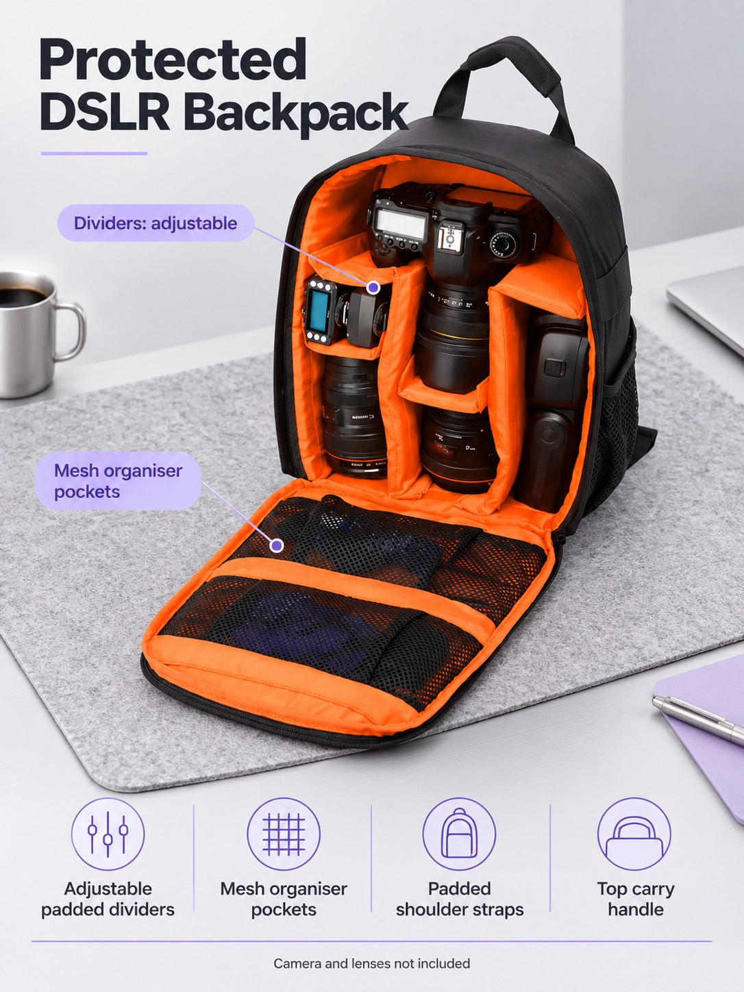 Waterproof DSLR Camera Backpack with Padded Dividers
