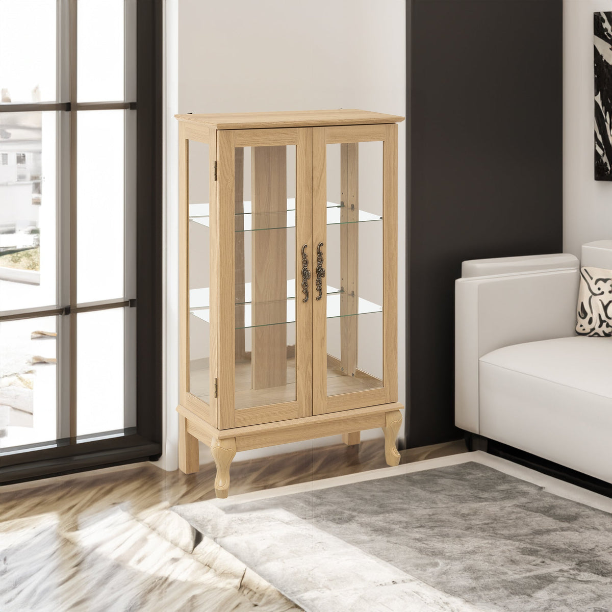Oak Curio Cabinet with Glass Doors and Display Lighting