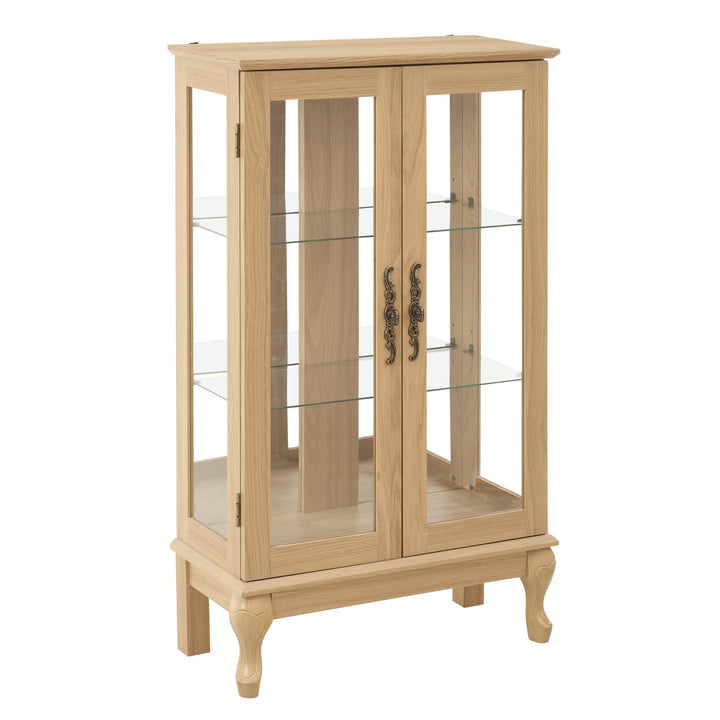 Oak Curio Cabinet with Glass Doors and Display Lighting