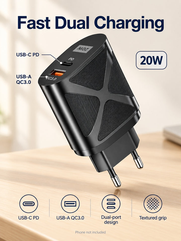 Dual-Port Phone Charger 20W PD QC3.0 for Faster Charging