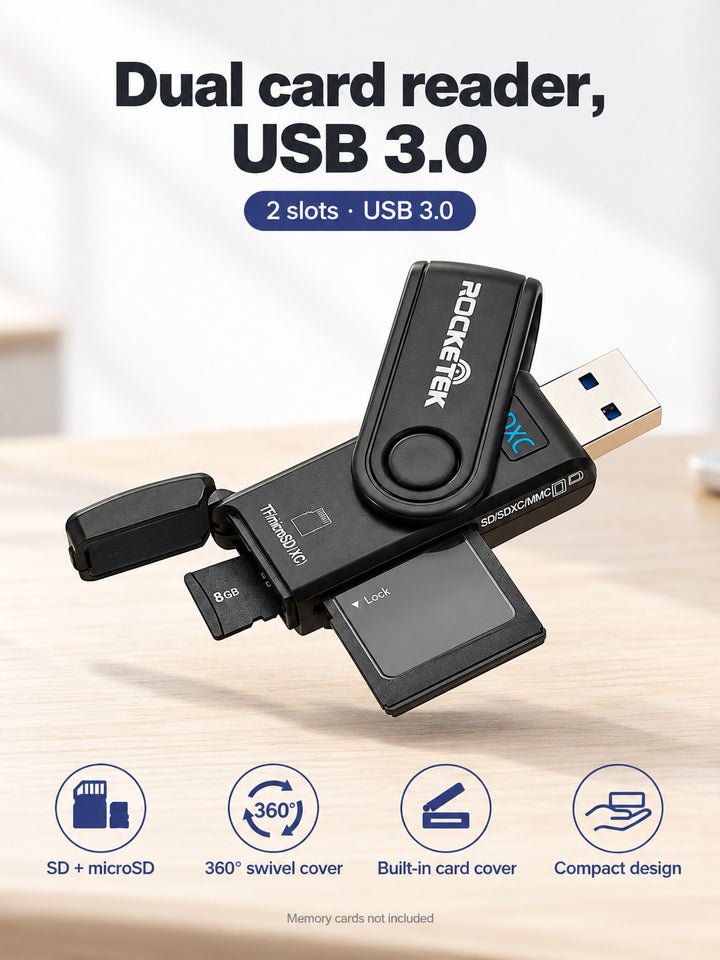 Dual SD and microSD Card Reader, USB 3.0 Fast Transfer