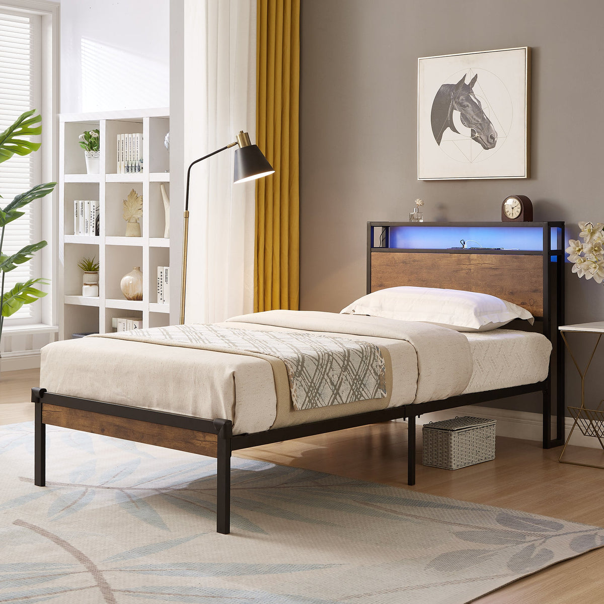 Platform Bed Frame with Headboard Shelf and LED Lights