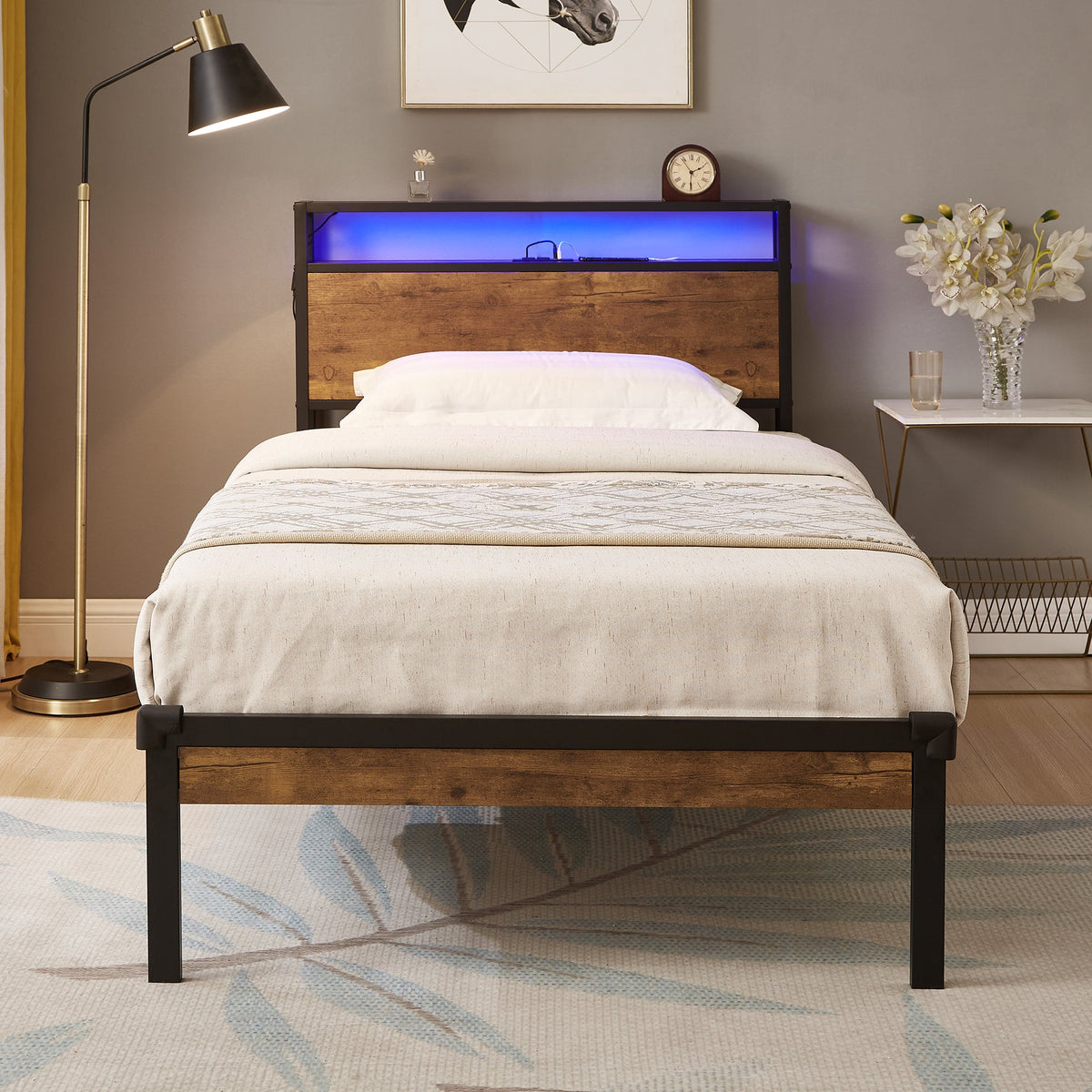Platform Bed Frame with Headboard Shelf and LED Lights
