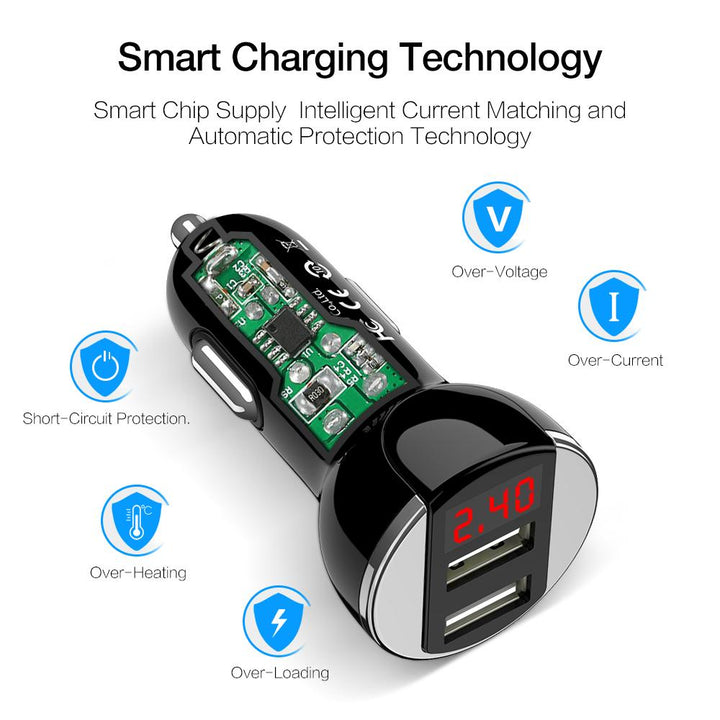 Dual USB Fast Car Charger with LED Voltage Display