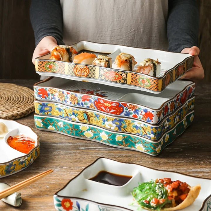 Ceramic Sushi Plate with Built-In Sauce Well for Dumplings