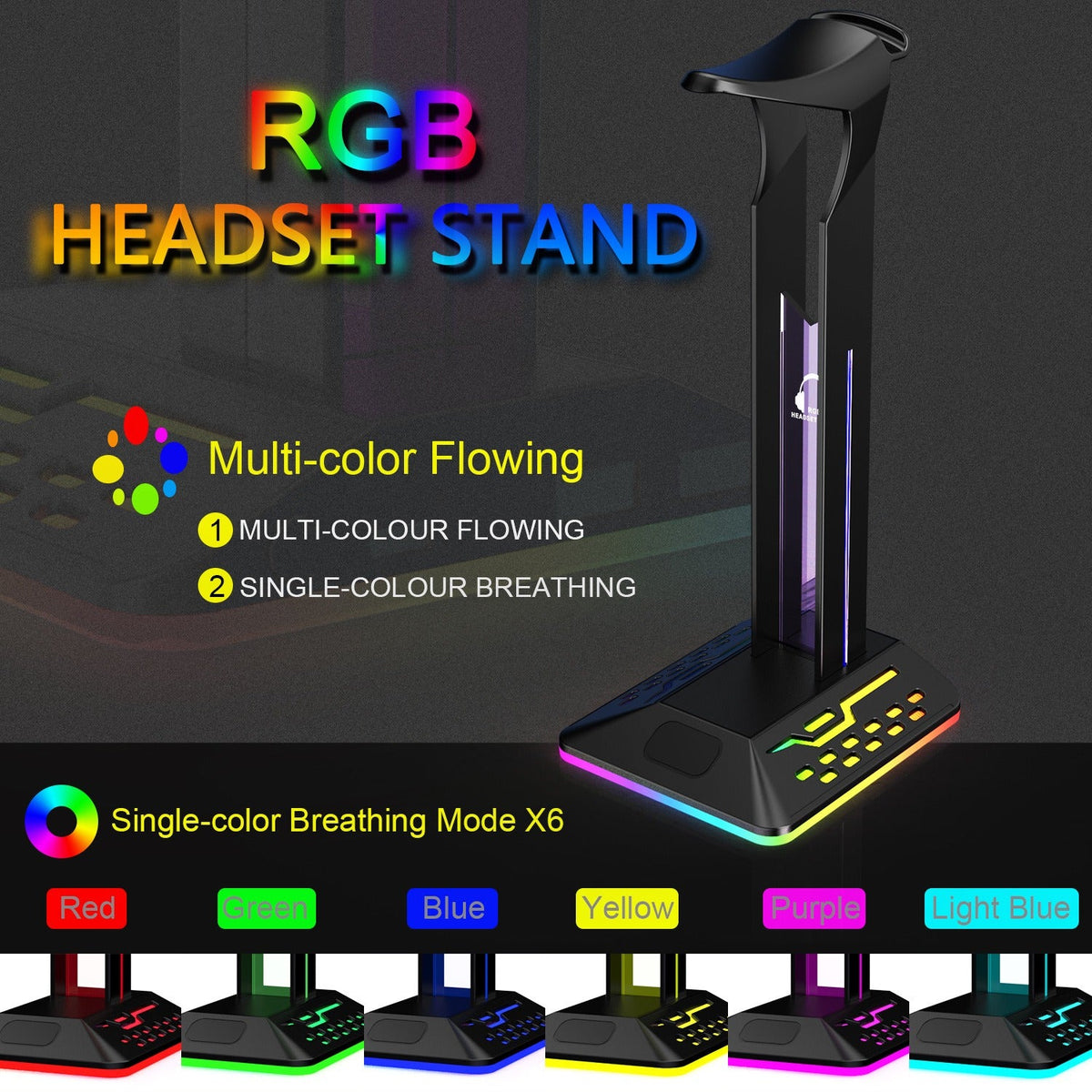 Headphone Stand with RGB Light Pillar and USB Ports