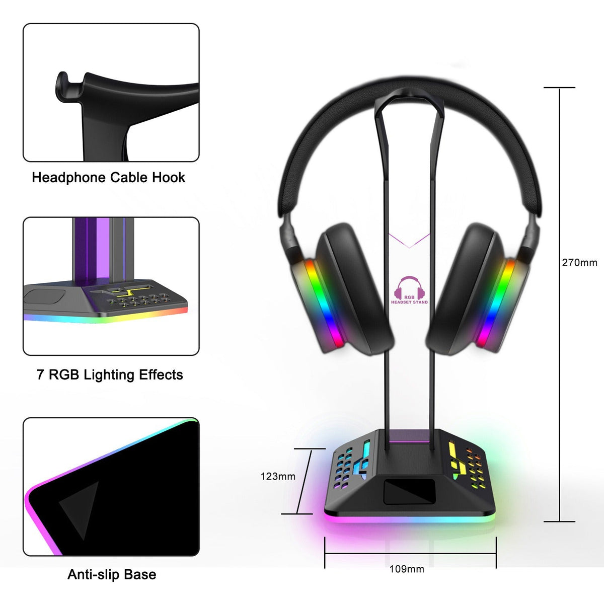 Headphone Stand with RGB Light Pillar and USB Ports