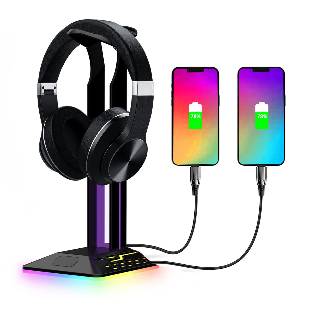 Headphone Stand with RGB Light Pillar and USB Ports