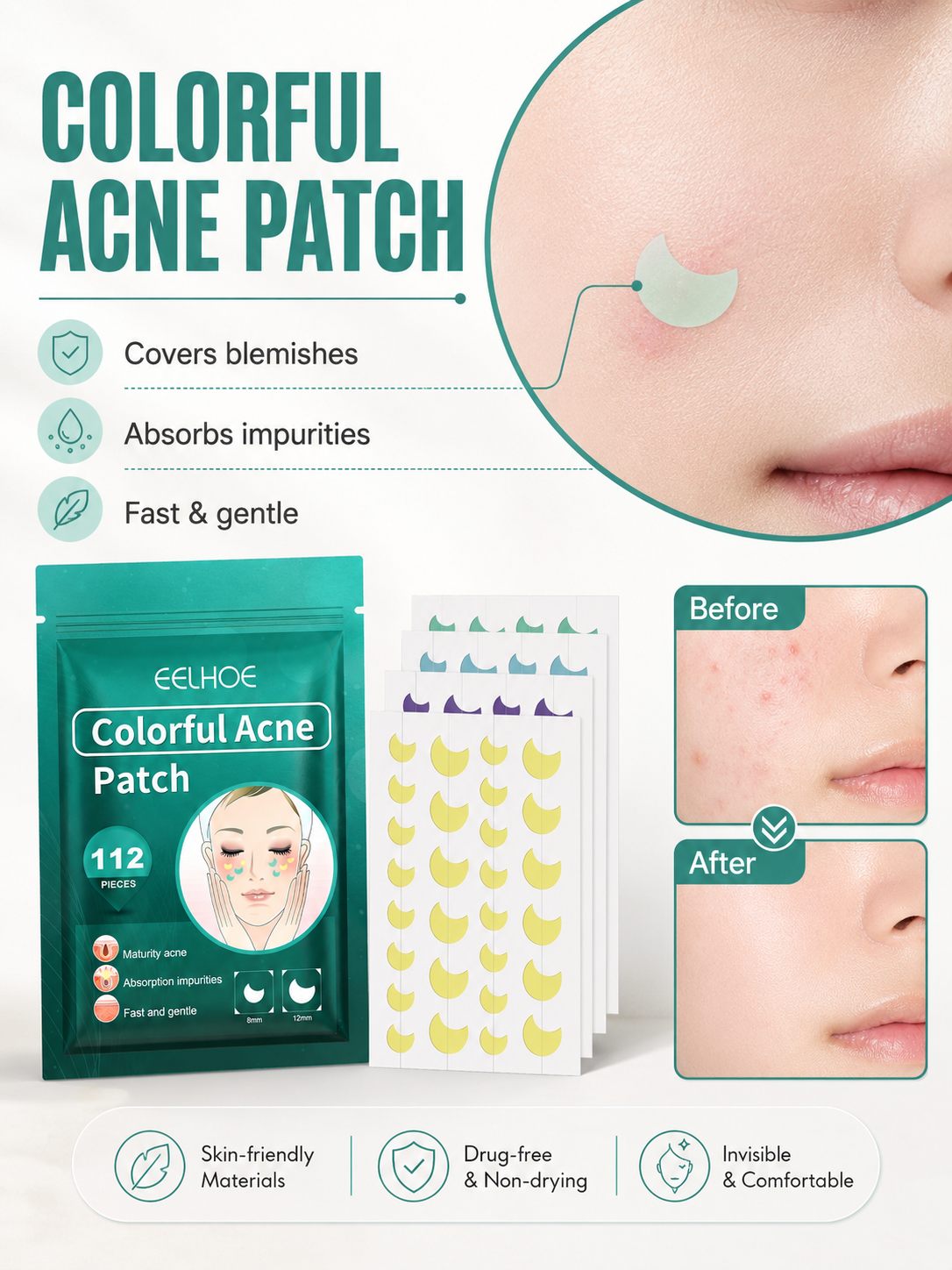 EELHOE Colorful Acne Patches 112pc — Tea Tree Hydrocolloid