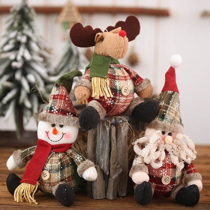 Plush Christmas Pendant Trio - Snowman Elk Santa Doll Set