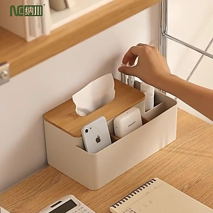 Tissue Box Organizer with Bamboo Lid and Remote Holder