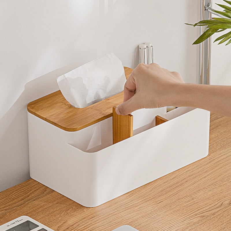 Tissue Box Organizer with Bamboo Lid and Remote Holder