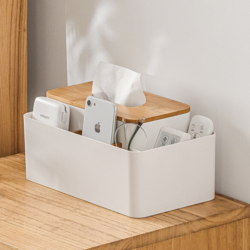 Tissue Box Organizer with Bamboo Lid and Remote Holder