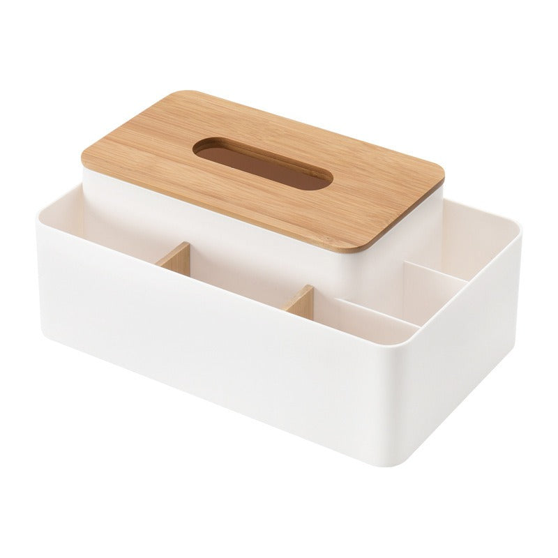 Tissue Box Organizer with Bamboo Lid and Remote Holder