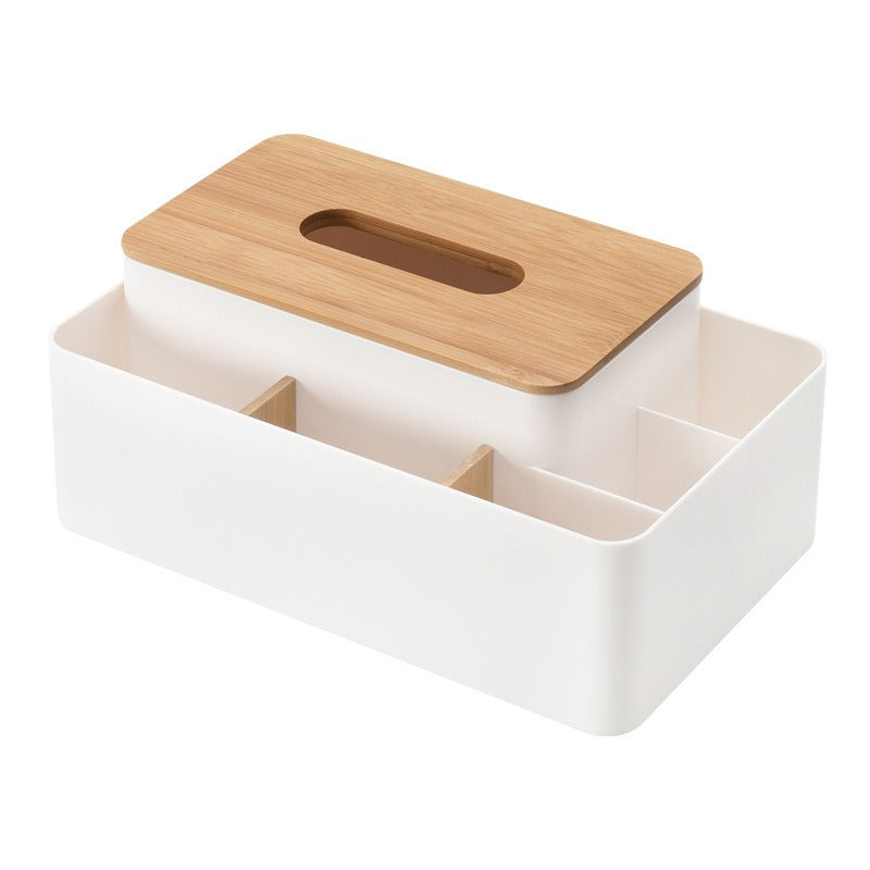 Tissue Box Organizer with Bamboo Lid and Remote Holder