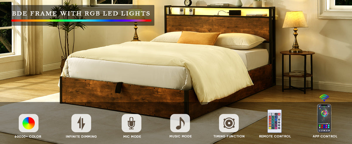 Full Size Storage Bed Frame with Bookshelf Headboard