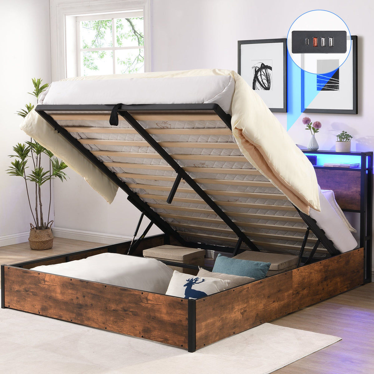 Full Size Storage Bed Frame with Bookshelf Headboard