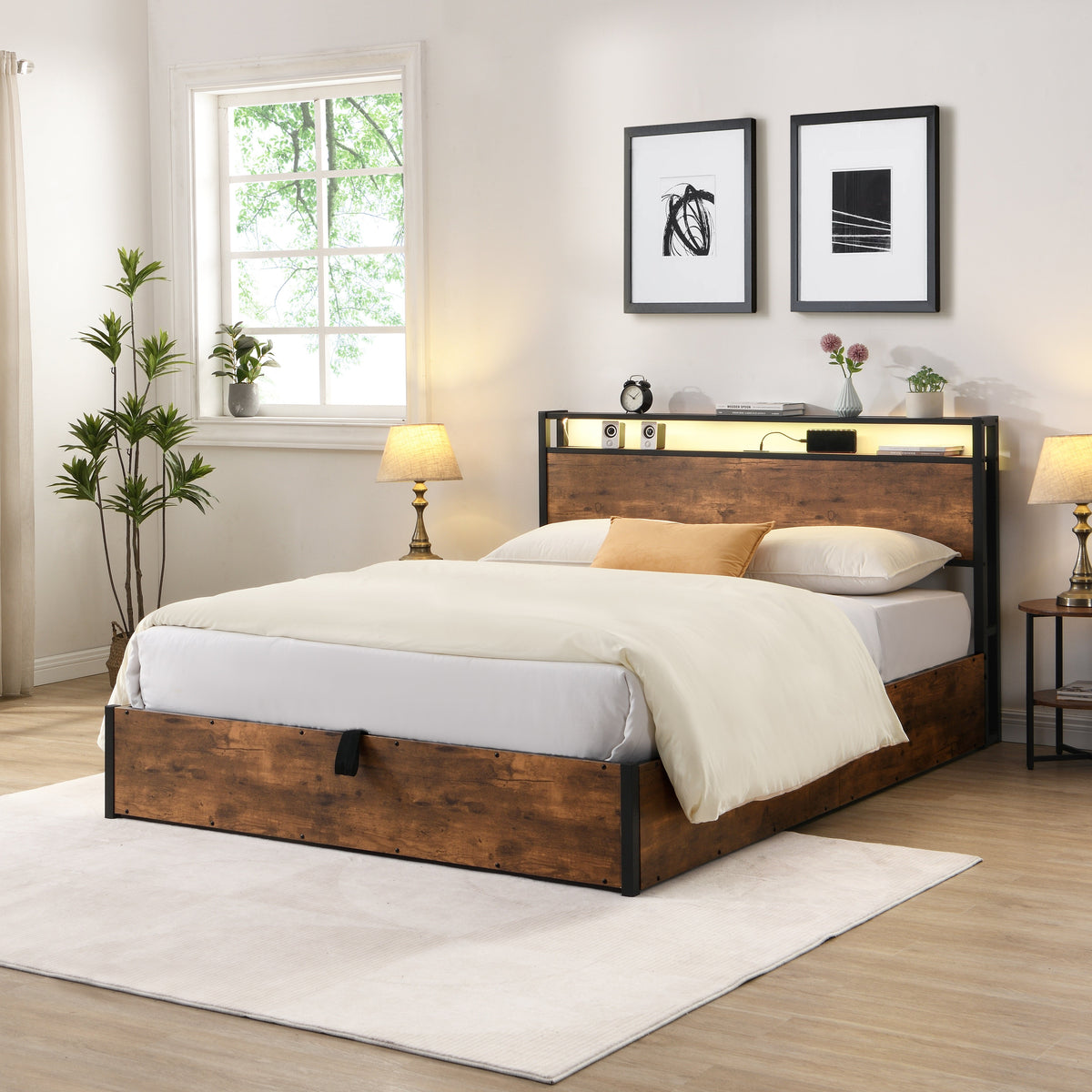 Full Size Storage Bed Frame with Bookshelf Headboard